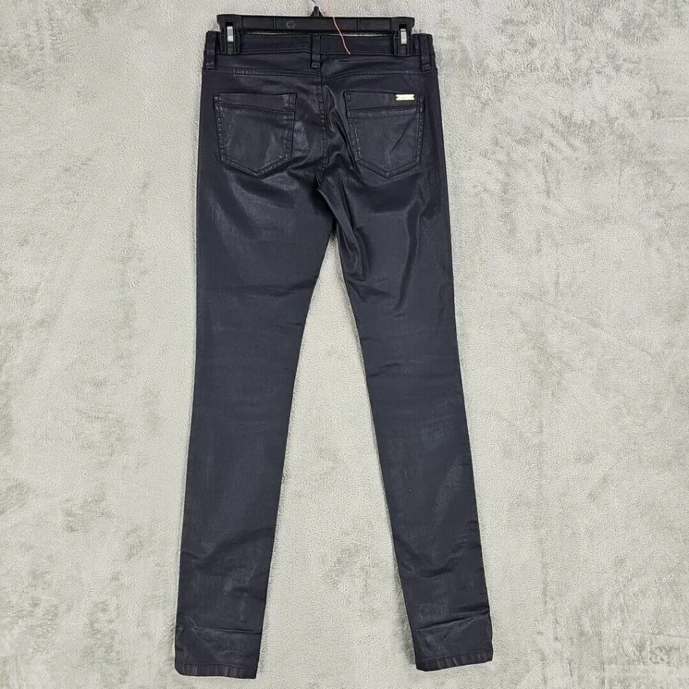 Massimo Dutti Jeans Womens Size 2 Waxed Dark Blue Skinny Fit Low Rise Stretch - Picture 2 of 13